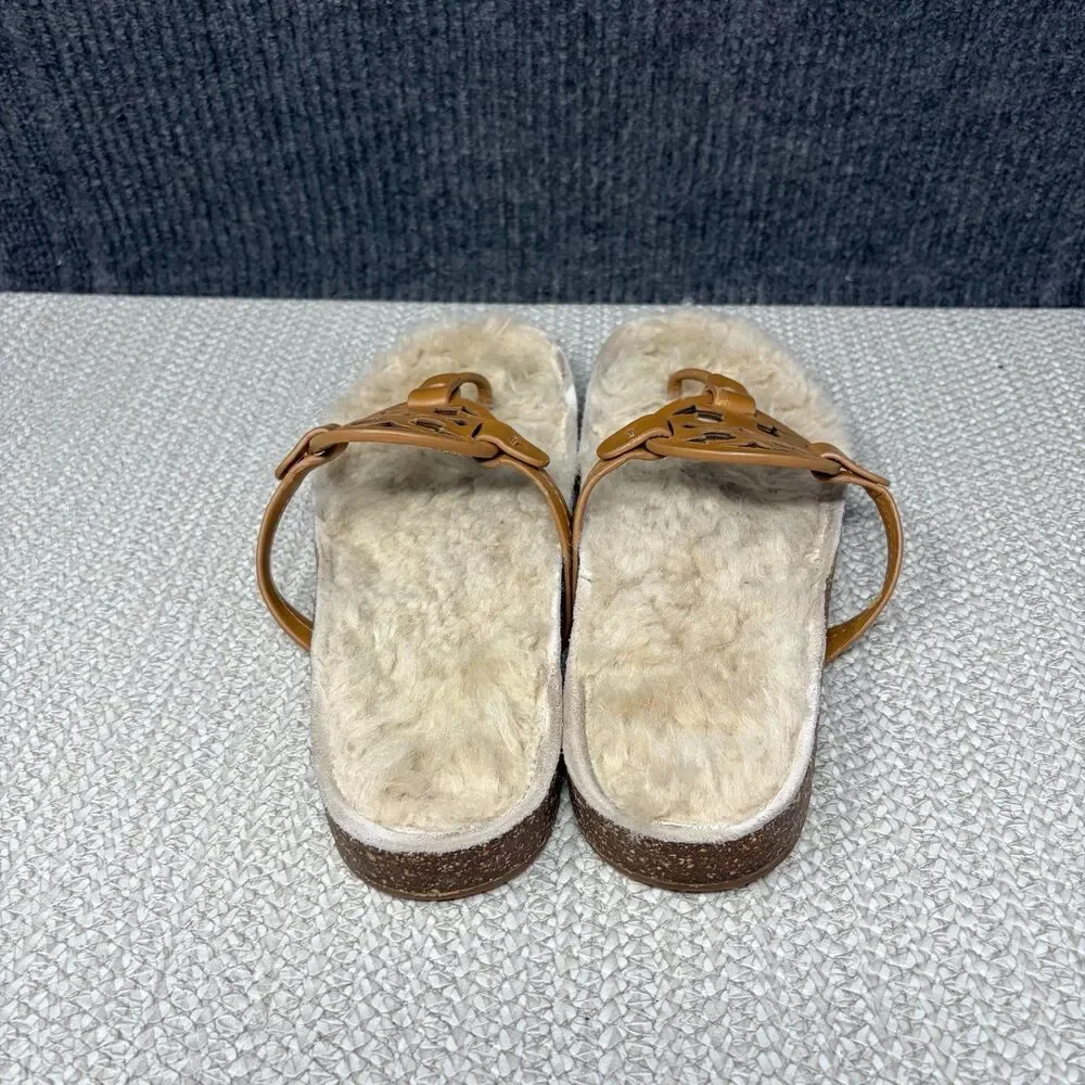 Tory Burch Miller Cloud Sandals Shearling Fur Brown Leather Thong Women’s 8.5 M